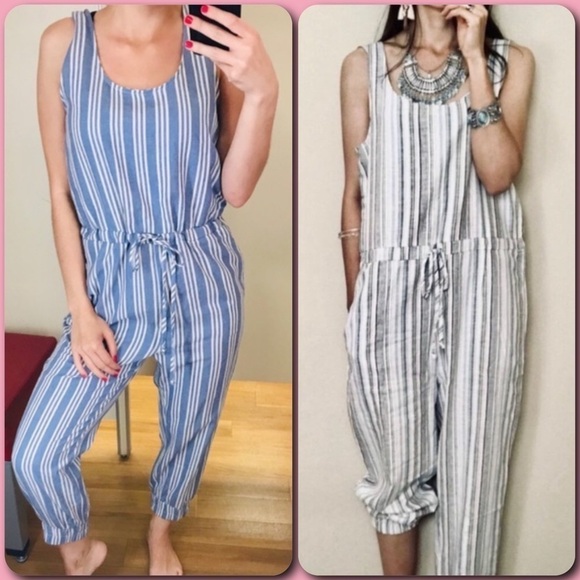 Anthropologie DREW Brown Striped Sleeveless Linen Blend Jogger Jumpsuit - LARGE - Picture 15 of 15